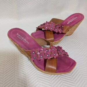 Town Shoes Brown Leather Pink Suede Floral Petal Wedge Sandals 38 / 7.5